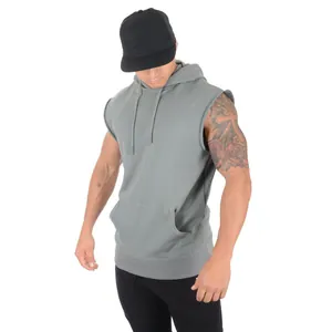 Men's sleeveless fitness hoodie in grey featuring raw edges and a kangaroo pocket