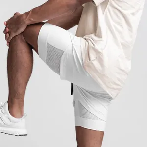 Detail view of men's double-layer breathable sports shorts for running and fitness.