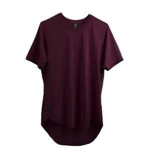Men's slim fit burgundy sports training T-shirt with high-low hem and stretch fabric.