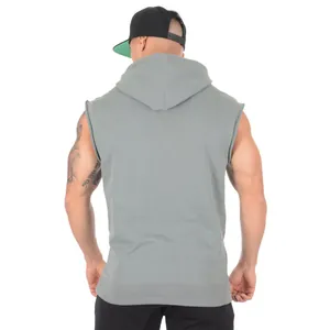 Back view of a grey sleeveless fitness hoodie with raw edges for men's gym workout