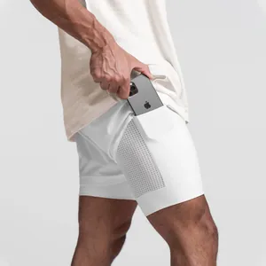 Detail showing the inner quick-dry layer and phone pocket of men's white sports shorts
