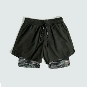 Close-up detail of men's quick-dry double-layer sports shorts with camouflage lining