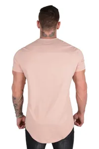 Back view of a men's light pink cotton t-shirt featuring a stylish curved hem design