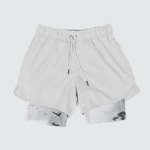 Front view of professional light gray men's double-layer running shorts with camouflage lining.