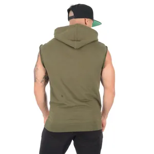 Back view of a men's army green muscle fitness sleeveless hoodie for gym workouts