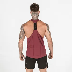 Detailed back view of a maroon fitness stringer tank top with GO HARD motivational print