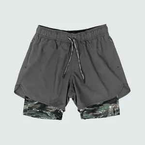 Close-up of men's 2-in-1 quick-dry shorts featuring camo lining and zipper pockets