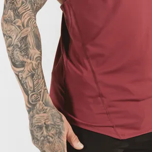 Detail view of men's red breathable fitness tank top highlighting high-quality stitching