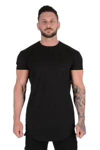 Professional front view of a men's athletic fit black cotton t-shirt with a stylish curved hem
