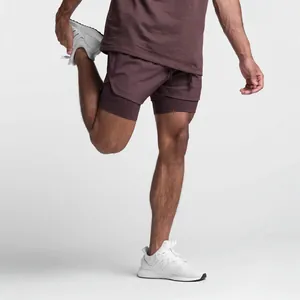 Action shot of man stretching in brown double-layer athletic shorts and white sports shoes