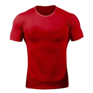 Close-up view of red men's athletic compression t-shirt showing slim muscle fit