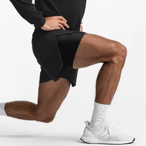 Close-up detail of men's double-layer breathable mesh gym sports shorts during workout
