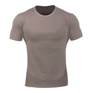 Front view detail of men's taupe slim-fit athletic t-shirt with crew neck design