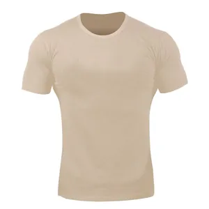 Front view of a men's beige athletic muscle fit short sleeve t-shirt with crew neck