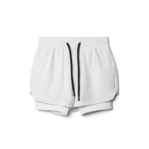 Detailed view of white double-layered athletic shorts for men with black drawstrings