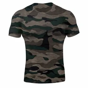Close-up detail view of men's athletic muscle fit t-shirt with camouflage pattern