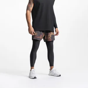 Short de Course Sportif à Deux Pièces pour Hommes Séchage Rapide Camouflage Short de Fitness avec Leggings de Compression