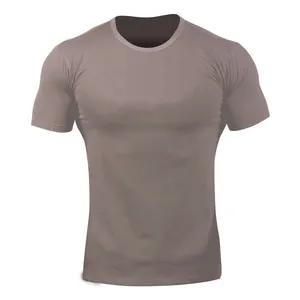 Men's athletic stretch crew neck T-shirt in solid brown for fitness and running.