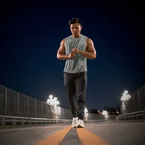 Modelo masculino atlético con camiseta de tirantes gris fitness en una calle de noche