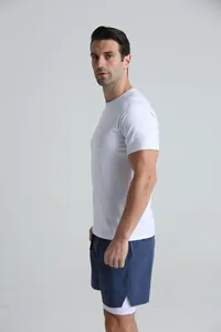 Vue latérale détaillée d'un t-shirt de sport blanc à col rond pour homme pour le fitness