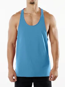 Vue de face détaillée d'un débardeur de sport bleu coupe ajustée pour homme en coton pur