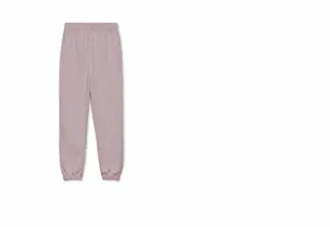 Detail view of mauve sports joggers featuring an elastic waistband and ribbed cuffs