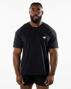 Front view of a black fitness t-shirt with a small white chest logo on a muscular model
