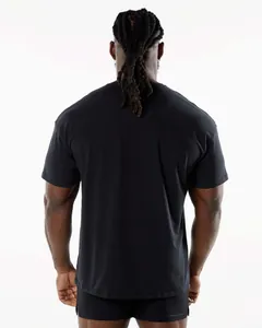 Detailed rear view of a black men's crew neck athletic t-shirt for fitness training.