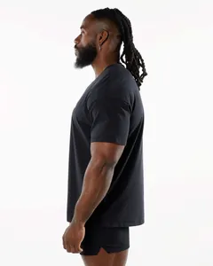 Side view of a men's athletic fit black short-sleeve t-shirt with a classic crew neck