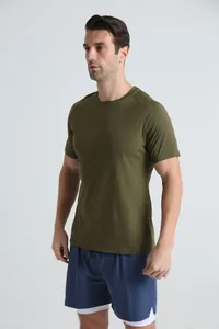 T-shirt de sport pour hommes vert olive à col rond pour le fitness et les loisirs
