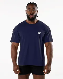Navy blue oversized men's sports t-shirt with small white chest logo