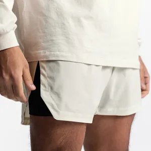 Close-up detail of men's 2-in-1 athletic gym shorts with inner black compression liner