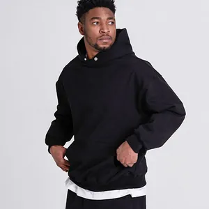 Felpa con cappuccio pesante nera oversize da uomo con tasca a marsupio e dettagli.