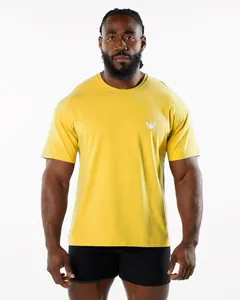 Close-up front view of a men's yellow crew neck short sleeve sports fitness t-shirt on model