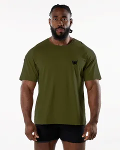 Front view of olive green men's athletic t-shirt featuring unique chest logo detail.