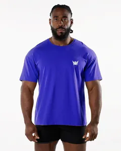 Professional fitness male model in a high-quality purple crew neck short sleeve T-shirt