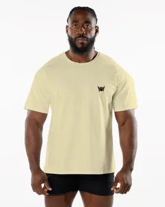 Professional front view of a men's light beige slim fit crew neck short sleeve sports t-shirt
