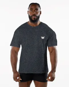 Front view of an athletic man wearing a dark gray heathered crew neck sports t-shirt