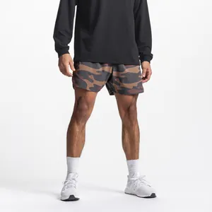 Detailed view of men's camouflage mesh athletic shorts for gym fitness training sessions