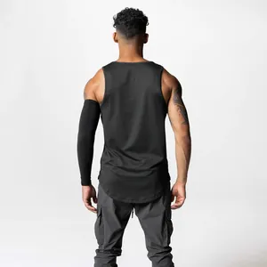 Rear view of men's black quick-dry muscle fitness tank top on model