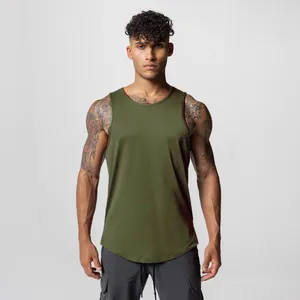 Front view of an olive green men's mesh breathable sports tank top for fitness training