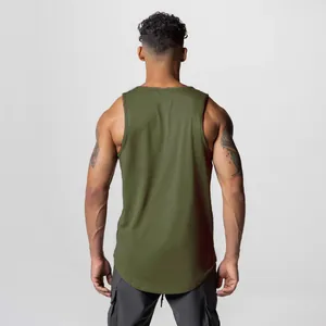 Back view of olive green muscle tank top for men fitness and gym training