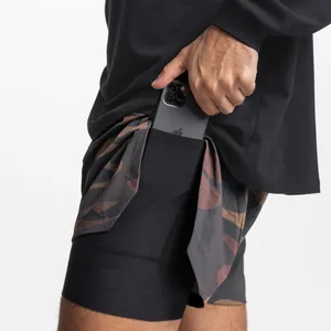Detail view of men's gym shorts featuring inner phone pocket and camo pattern