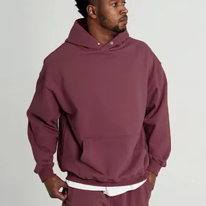 Felpa con Cappuccio da Uomo in Cotone Pesante Casual Larga Sportiva Oversize Spalla Cadente Top Con Tasca a Canguro Tinta Unita