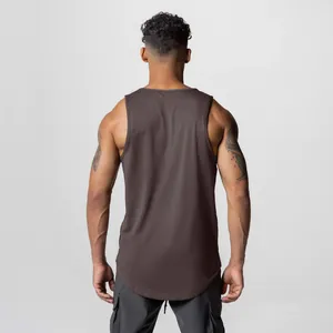 Detailed back view of a men's brown quick-dry fitness tank top with a curved hem design