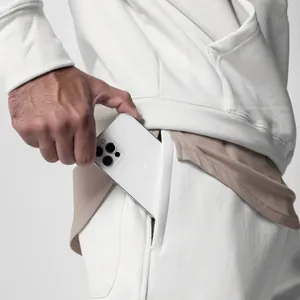 Close-up of pocket detail on men's white 320g cotton sweatpants showing storage space