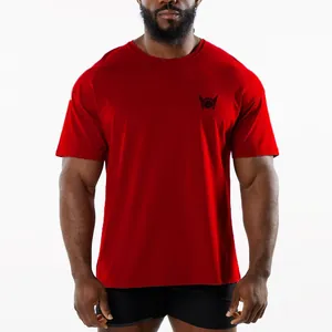 Men's red athletic crew neck fitness t-shirt with short sleeves and chest logo.