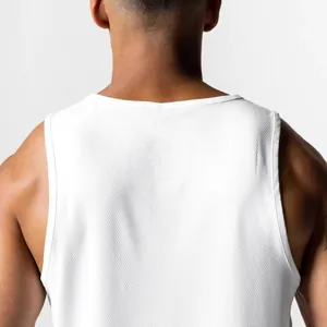 Close-up back view of a white breathable mesh sports tank top showing fabric texture