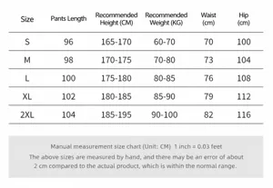 Detailed size chart for men's athletic joggers featuring pants length and waist measurements.