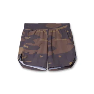 Detailed macro view of men's camouflage athletic shorts showing breathable mesh fabric